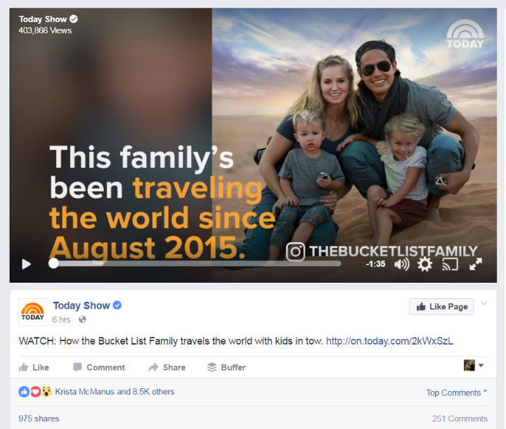 Facebook screenshot - Today Show - WATCH: How the Bucket List Family travels the world with kids in tow.